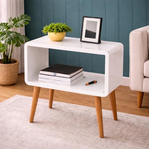 Image of SS Wood Nation Vintage Bookcase Nightstand, Coffee Table, End Table, Bedside Table for Compact Areas, Magazine Stand with Storage, and Living Room /Bedroom (Modern, White)