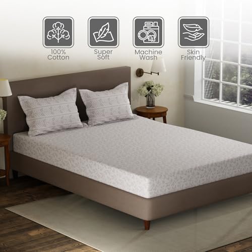 Image of Layers 100% Cotton Double Size Bedsheet Set | White Floral Print | 120 TC Forever Collection | Soft & Breathable | Washable Bedsheet with 2 Pillow Covers | All Season