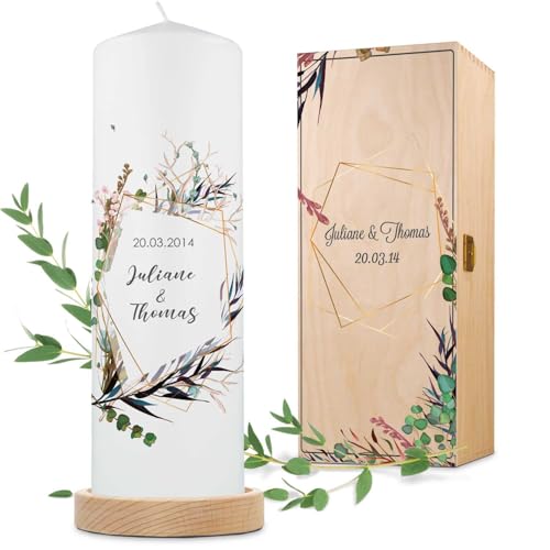 GRAVURZEILE Bougie imprimée - Design polygone floral - Personnalisable avec nom, date et texte souhaité - Cadeau de mariage au couple de mariés - Bougie pilier - 8 cm x 25 cm (Ø x H) - Blanc