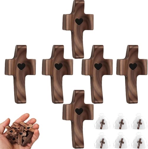 REATIFUL Wooden Cross Fidget Cross My Heart Small Wooden Crosses for Pocket and Hand Prayers Wood Comfort Pocket Prayer Cross for Clutching Clinging and Praying Christian Religious Gift (6PCS)