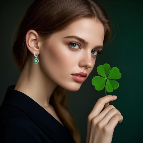 SLUYNZ Solid 925 Sterling Silver Green Clover Earrings Hoop for Women Teen Girls Love Four Leaf Clover Hoop Earrings Huggie for Spring Summer2