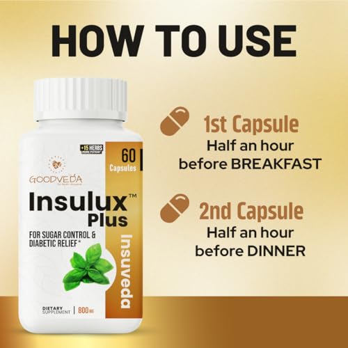 Image of Insulux Plus Blood Sugar Support Capsules | Helps Support Glucose Balance with Gymnema, Karela & Jamun | 100% Ayurvedic Herbal Supplement with 12 Plant Based Ingredients | Metabolism & Energy Support | 60 Capsules (Pack of 2)