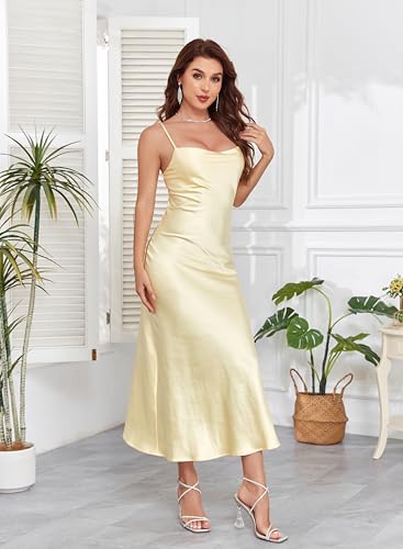 Image of Women's Spaghetti Strap Midi Satin Silk Dresses Slip Cowl Neck Party Cocktail Evening Sexy Dress