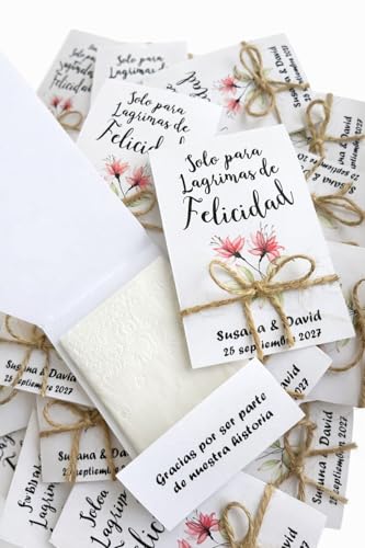 Pizteretas 50 pañuelos de LÁGRIMAS DE Felicidad ó LÁGRIMAS DE ALEGRÍA para Boda, Bautizo o comunión | Detalles para Invitados Personalizados | Decoración Boda | Regalos artesanales