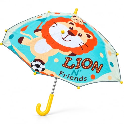 Çocuk Şemsiyesi Lion N' Friends 6 Telli Fiber Çift Katlı, Rüzgarda Kırılmaz, Aslan Baskılı, Sarı Saplı, Dayanıklı Fiber Tel, Çocuklara Özel