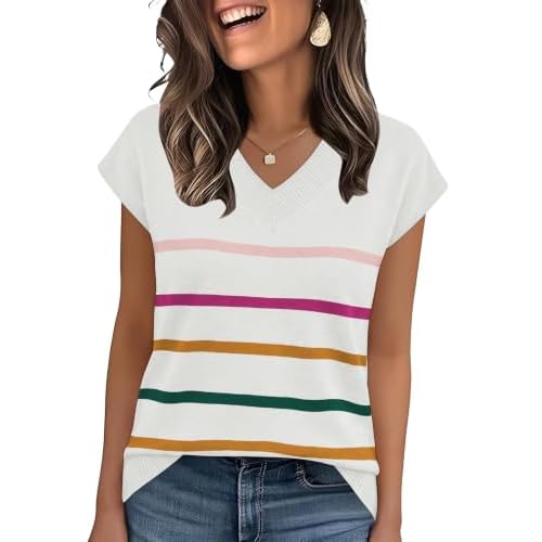 Rapbin Womens Summer V Neck Cap Sleeve Sweaters Loose Casual Pullover Tops