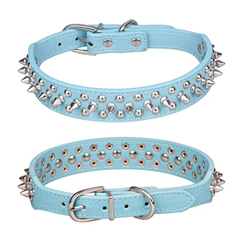 Spiked Dog Collar Small Rivet Spike Studded Puppy Girl Female Boy Little Pet Kitten Adjustable Collars for Cats Cute Soft Pu Leather Spiky Stud Collar New Light Blue M - Image 3