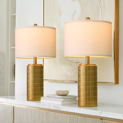 Image of PoKat 23 inch Brass Gold Ceramic Table Lamps for Living Room, Retro Warm Gold Lamps for Night Stands, Vintage Bronze Decorative Lamps for Bedroom, Antique Gold Brown Nightstand Lamps for Home Decor