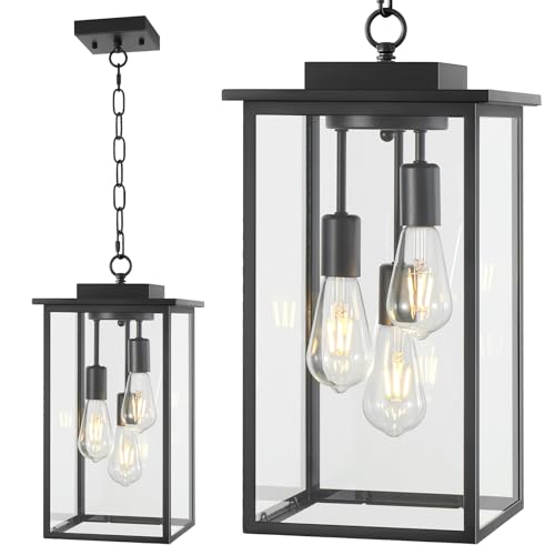 AIBISOD Outdoor Pendant Light Fixture E26 3-Light Modern Black Metal Outside Chandelier Exterior Hanging Fixture Ceiling Mount with Clear Glass for Porch Front Door Entrance Entryway, 1 Pack by AIBISOD - Used condition - US$84.15