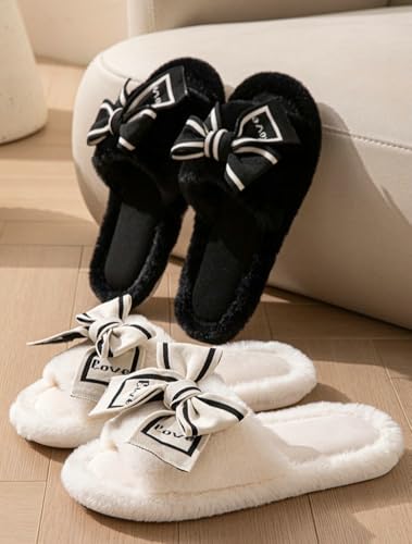 Bow Stylish Elegant Fluffy Indoor Slippers Warm Faux Fur Winter Shoes Soft Sole Open Toe Slippers for Women 20252