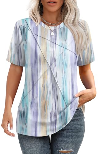 XIEERDUO Blouse for Women Round Neck Summer Short Sleeve Shirts 2025 Trendy Clothes Colorful Striped M