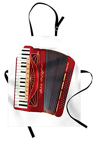 Lunarable Accordion Apron, Squeezebox Eastern European Keyboard Pop Dance Melody and Harmony Theme, Unisex Kitchen Bib with Adjustable Neck for Cooking Gardening, Adult Size, Burgundy Black