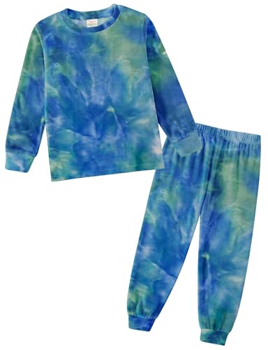 Jimonda Soft Comfy Pajamas for Kids Boys/Girls long sleeve 2pcs Tee and Pants Pjs Set Toddler tie dye Fluff Sleepwear(Dark blue&Green,11-12Y)