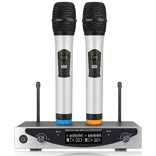EKLEVOR Microphone sans Fil Microphones à Double Canal à Fréquence Fixe UHF Ensemble de Micro Haute définition avec Récepteur Rechargeable pour Karaoké, Mariage, Discours, Fête, Église, Classe, DJ