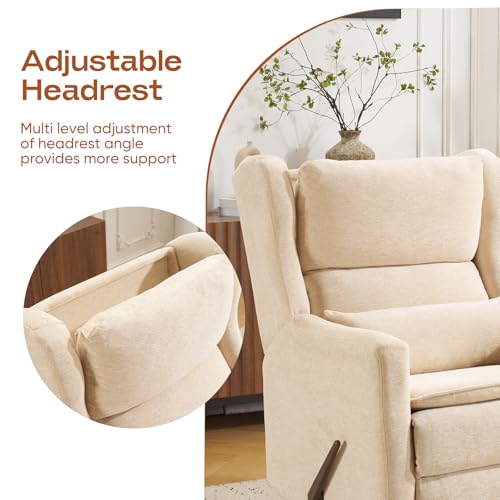 Image of Swivel Rocker Recliner Chair with Adjustable Headrest,Rocking Chair Nursery with Lumbar Support, Manual Glider Rocker Recliner with Cup Holder and Side Pockets, Beige