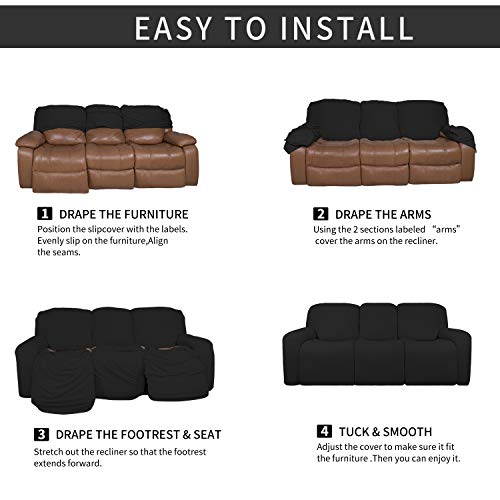 Image of Easy-Going 8 Pieces Microfiber Stretch Sectional Recliner Sofa Slipcover Soft Fitted Fleece 3 Seats Couch Cover Washable Furniture Protector with Elasticity for Kids Pet(Recliner Sofa,Black)