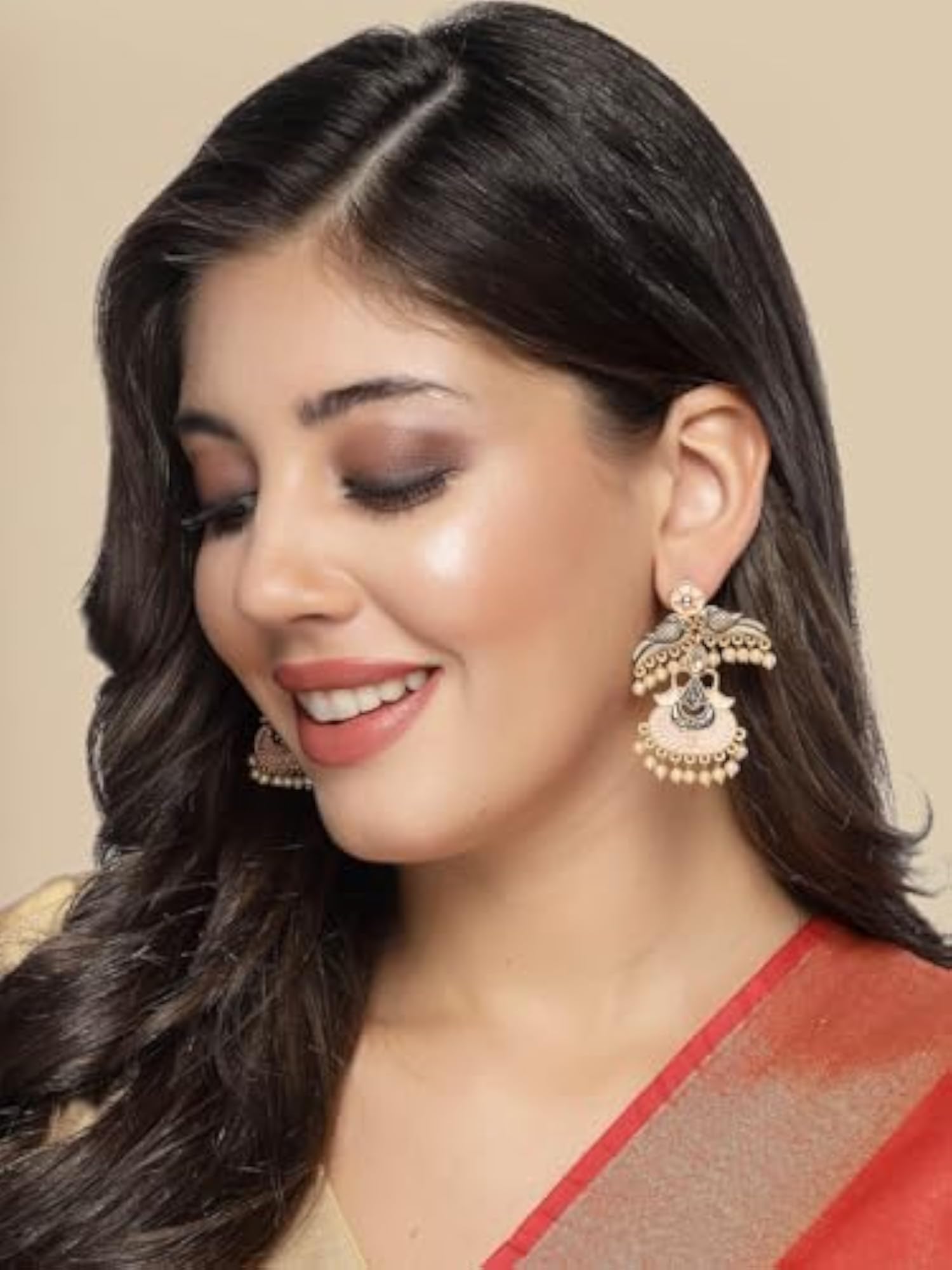 Antique Gold-Plated Pink Hand-Painted Peacock Drop Earrings