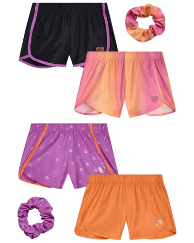 Body Glove Girls Athletic Shorts - 4 Pack Active Performance Fleece Running Short - Girls Gym Workout Dolphin Shorts, Size 8, Black/Orange/Pink/Ombre