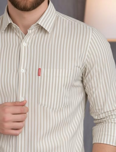 Image of MILDIN Men's Pure Cotton Striped Printed Shirt with Spread Collared Neck Full Sleeve Curved Hemline Button Closure and Regular Fit | Shirt for Man