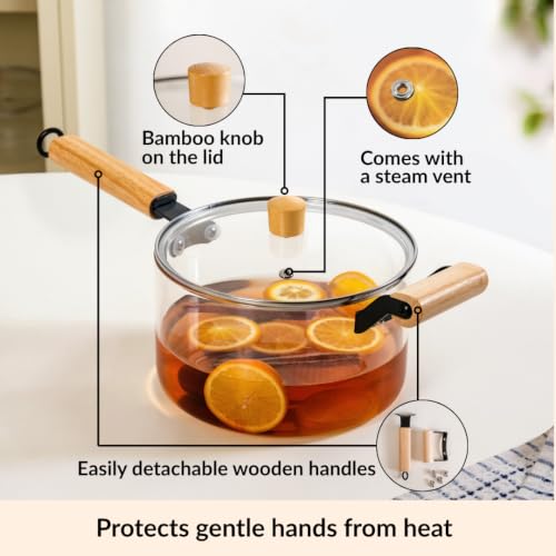 Image of Nestasia Glass Cooking Pot with Lid on Gas Stove (3.2L) - Borosilicate Glass Casserole with Steam Vent for Cooking | Microwave & Dishwasher Safe, Lightweight & Durable Glass Cookware