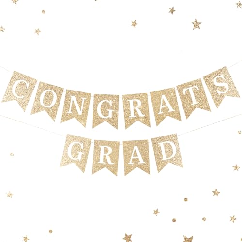 Pre-Strung Congrats Grad Banner - Glitter Graduation Party Decorations 2026, Large No DIY Class of 2026 Sign for High School College Masters Nursing Party Supplies, Sturdy Swallowtail Bunting (Champagne Gold)
