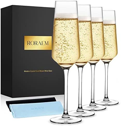 RorAem Champagne Flutes - Hand Blown Champagne Flutes Set of 4 Modern Champagne Glasses Crystal Champagne Flute Gifts for Wedding Birthday Party 8oz