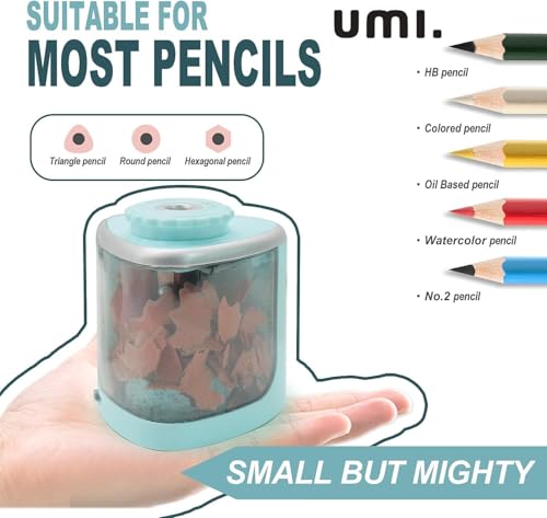 Image of Amazon Brand - Umi Electric Pencil Sharpener, Portable Battery-Powered Sharpener with Transparent Shavings Box, Fits 6-8mm Pencils, Dual Automatic & Manual Modes for School, Office, Home Use (Blue)