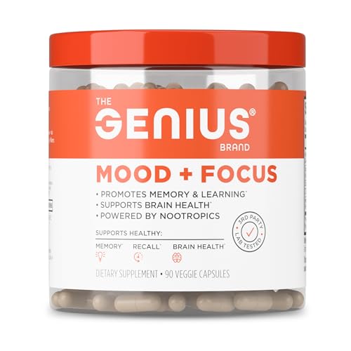 The Genius Brand Genius Mood+Focus - Nootropic Supplement with Organic Lions Mane Alpha GPC & More for Brain Health - Memory Support & Focus Support - Non-GMO - 90 Veggie Capsules
