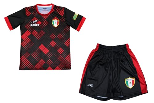 Generic Arza Sports Youth Soccer Uniform Mexico 100% Polyester Shorts and Jersey Included White and Black (US, Numeric, 10, Regular, Black/Red)