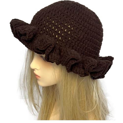 Hshsclth Crochet Hat Knitted Bucket Hats Solid Color Fashion Ruffled Brim Floopy Bucket Hat for Women (US, Alpha, One Size, Brown) - image 6