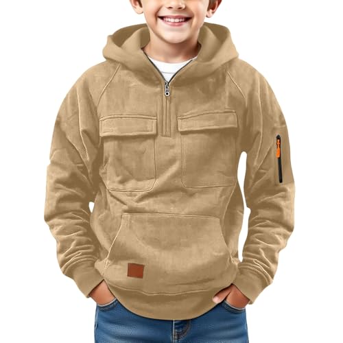 Kids Boys Corduroy Hoodies 2025 Fall Fashion Quarter Zip Hooded Sweatshirts Outdoor Sport Pullover Tops Khaki