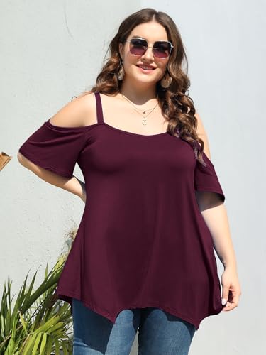 Image of LARACE Cold Shoulder Tops for Womens Summer Clothes Spaghetti Strape Tunic Oversized Shirts Asymmetrical Plus Size Blouse