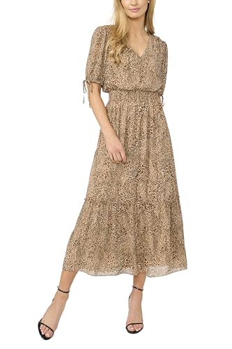 CeCe Womens Leopard Tie Sleeve Smocked Waist Midi Dress, Dune,