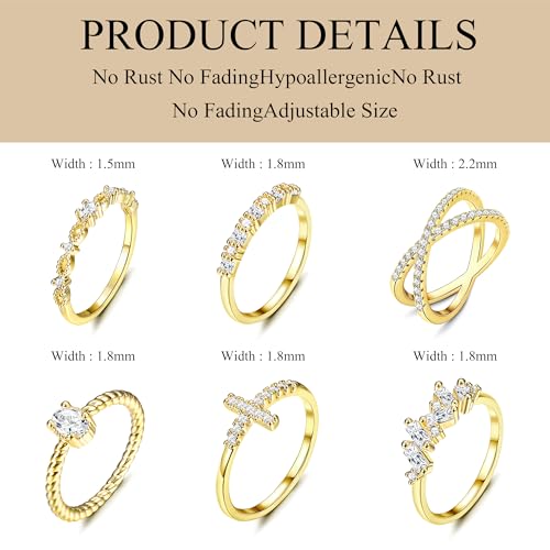 Dochais Stackable Cubic Zirconia Gold Rings for Women Non Tarnish Finger Ring Set 14k Gold Plated Dainty CZ Wedding Engagement Rings, Size 5-92