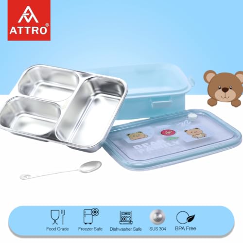 Image of Attro Bento 3 Deluxe Lunch Box with Inner Stainless Steel & Secure Lock Cute Eye Catchy Design Food Grade, Leakproof, Vacuum Seal Design Use for School Kids & Outdoor- 750ml Blue
