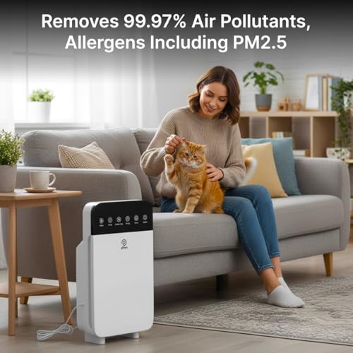 Image of pTron EaseMate Air Purifier H1 for Home, Covers 250 sq.ft., 4-Stage Filtration, HEPA 13 Filter, Activated Carbon, Removes 99.97% of Pollutants, Allergens, Smoke, Dust, Pollen, Pet Dander (White)