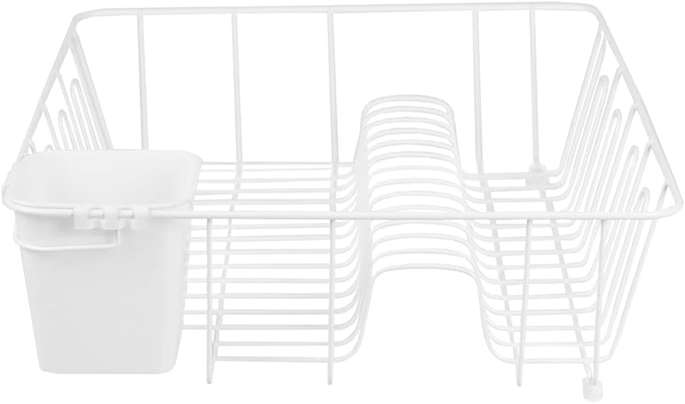 Home Basics Vinyl Coated Wire Dish Rack with Utensil Holder | Neutral Colors | Match Any Kitchen Decor | Slots for Plates | Loops for Mugs & Glass (Small Black)