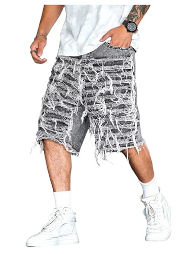 BEAUDRM Men's Y2k Ripped Distressed Baggy Jean Shorts Frayed Hem Straight Leg Denim Shorts Hip Hop Jorts Streetwear Grey Large