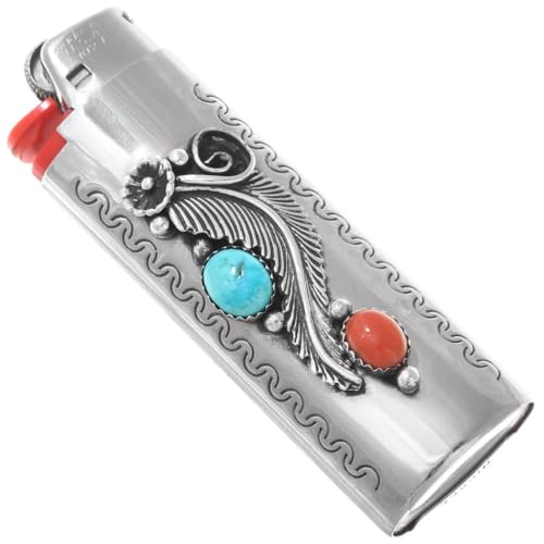 Funda para encendedor de plata esterlina con turquesa y coral auténticos, diseño de hoja y flor, estilo nativo americano del Suroeste miniatura 1