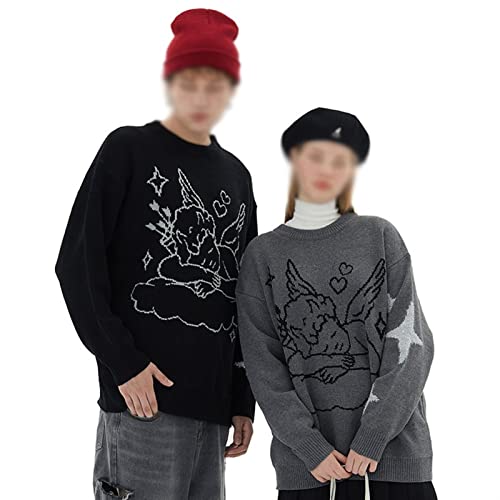 XMAIYIF (Wool) Sweater Men Knitted Sweater Angel Heart Print Pullover Autumn Casual Black Sweater Sweater(M)3