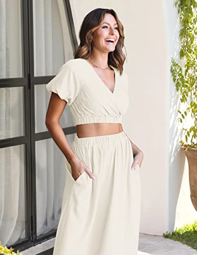 Merokeety Women's Casual Boho 2 Piece Outfits Dress V Neck Short Sleeve Warp Crop And Long Skirt Set,Beige,S #TOP2