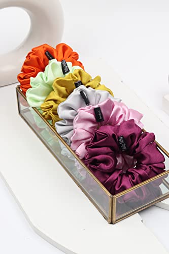 Image of Premium Satin Scrunchies for Women | Hair Bands, Ponytail Holders & Rubber Bands | Large, Fluffy, No-Damage Hair Ties | Girls Hair Accessories | Large Size | Pack of 6