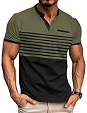 QOSOQ Mens T-Shirts Short Sleeve Button Casual Stylish Basic Tees Work Striped Shirts Henley Summer Lightweight Stretch Top Green