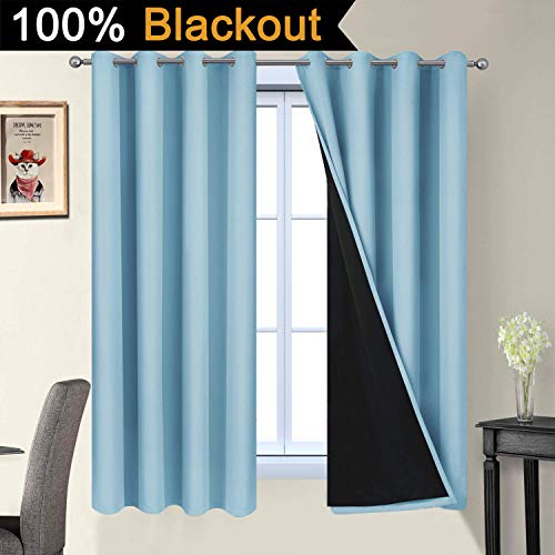 Image of Yakamok Sky Blue 100% Blackout Curtains 63 Inches Long 52 inch Wide 2 Panel | Blackout Curtain Panels for Bedroom, 2 Thick Layers Grommet Top Thermal Insulated Drapes with Black Liner for Living Room