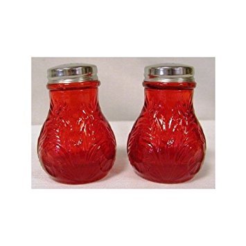 Solid Ruby Red Glass Salt & Pepper Shakers Inverted Thistle Pattern