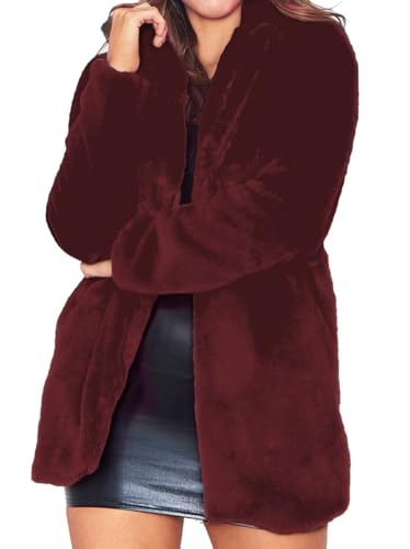 TOPONSKY Womens Faux Fur Coat Burgundy Long Plush Warm Winter Jacket with Pockets Size L