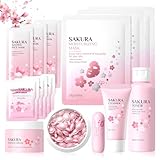 14 Piezas Set de Cuidado Facial Sakura, Set de Cuidado Diario de la Piel con Limpiador, Cápsulas de Suero, Tónico, Limpieza y cuidado Facial, Mascarilla facial, para Adolescentes y Mujeres