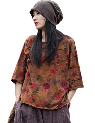 NFYM Summer Tops for Women Floral Print Blouse Short Sleeve Hi-Low T-Shirt Casual Comfy Cotton Tops