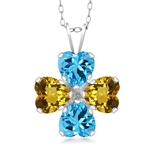 Gem Stone King 925 Sterling Silver Swiss Blue Topaz and Yellow Citrine 4 Heart Shape Gemstone November Birthstone Pendant Necklace For Women (3.20 Cttw, 6MM Heart, with 18 Inch Silver Chain)