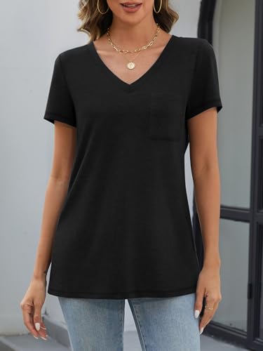 Womens T Shirts Short Sleeve V Neck Tops with Pockets Summer Fashion Trendy Soft Casual Comfy Outfits Clothes 20252